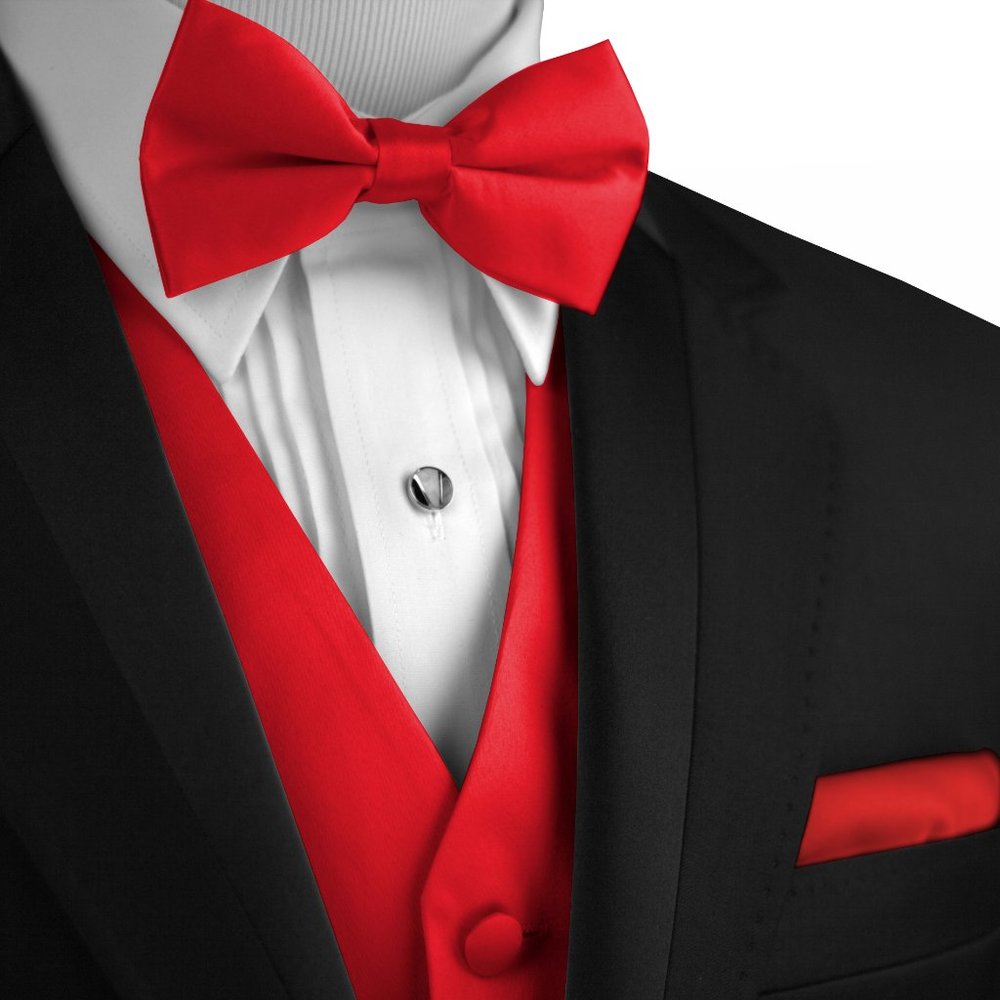 Men's Formal Wedding Prom Homecoming Tuxedo Vest Bow-Tie Hankie - Red Satin
